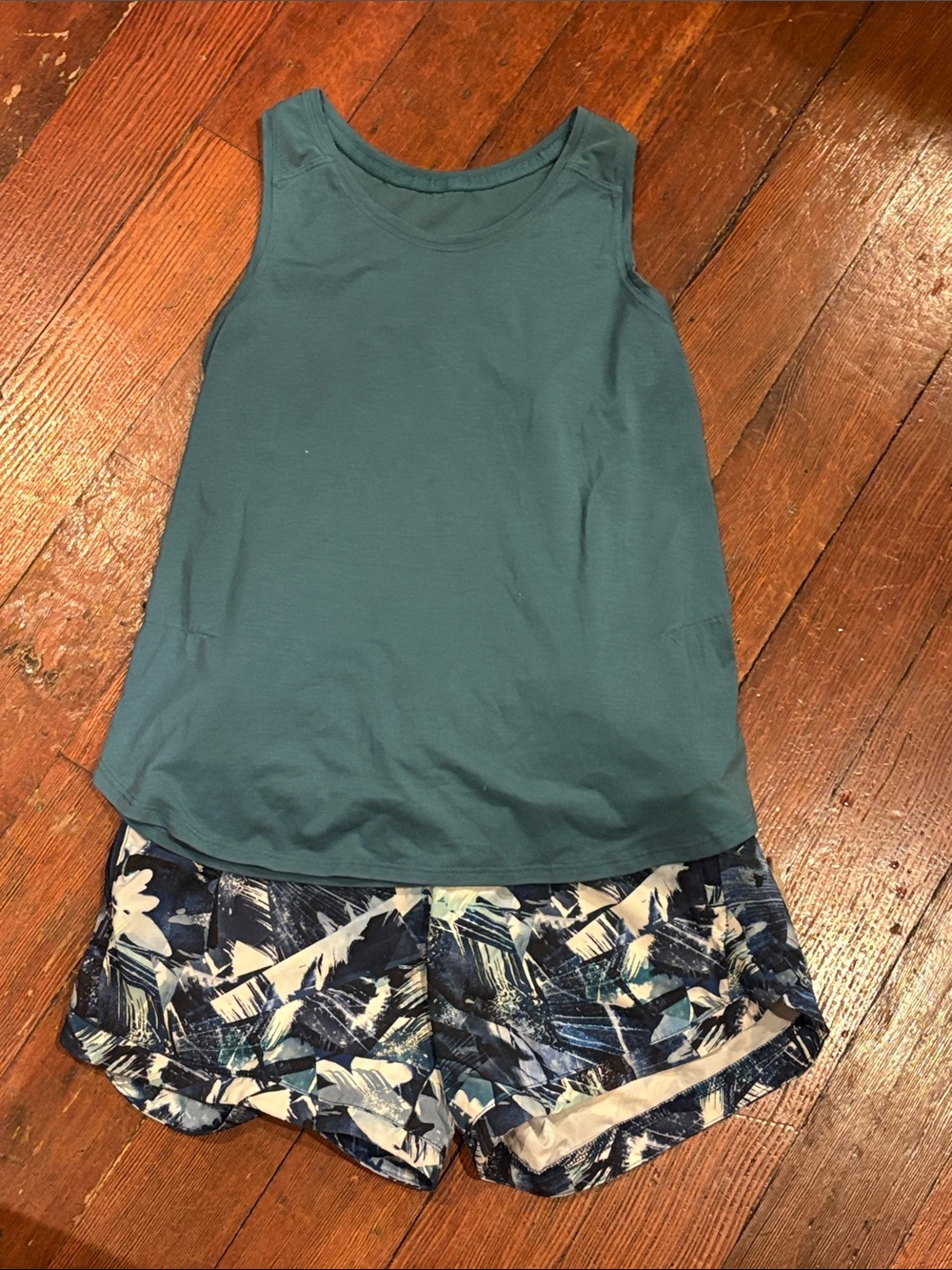 Athleta Teal Tank Top with Navy & White Printed Shorts